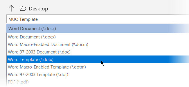 Opzione di salvataggio file per il formato Modello documento