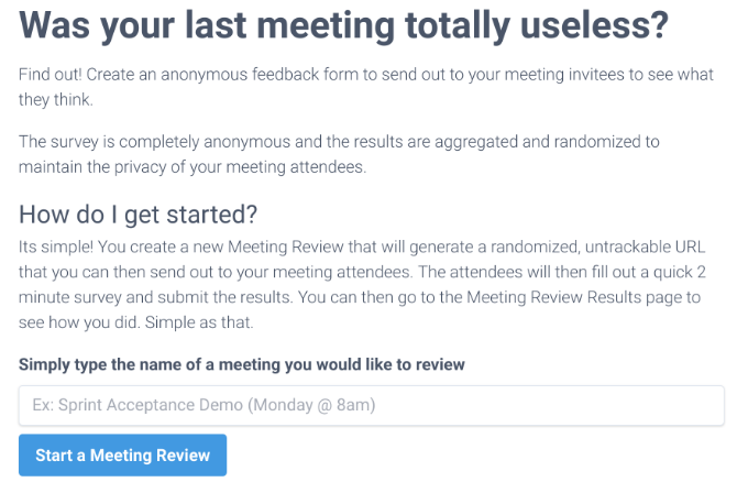 Useless Meetings ha un modulo di feedback anonimo per i dipendenti per dire ai manager cosa pensano delle riunioni del team