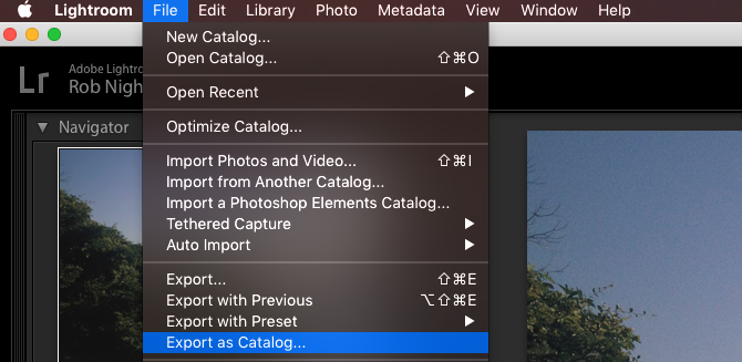 esportazione di lightroom come catalogo