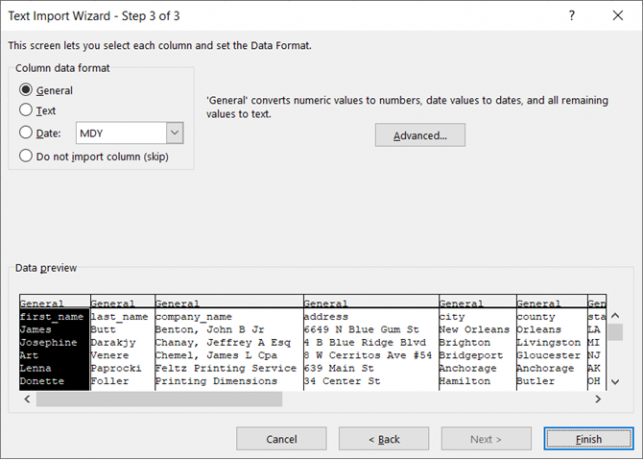 Formato dei dati delle colonne nell'Importazione guidata testo di Excel