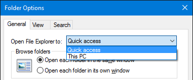 Opzioni di cartella generale di Esplora file di Windows 10