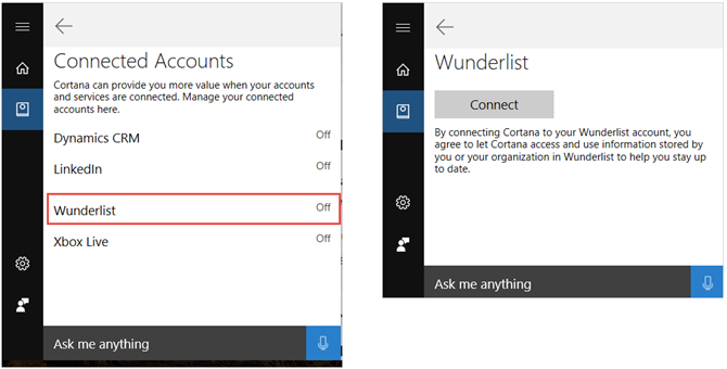 cortana collega i passaggi di wunderlist