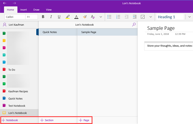 Organizzazione OneNote