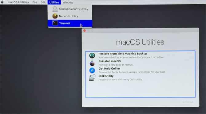 macOS Recovery Mode mostra Terminale nella barra dei menu