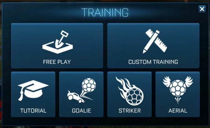 selezione della modalità di allenamento della Rocket League