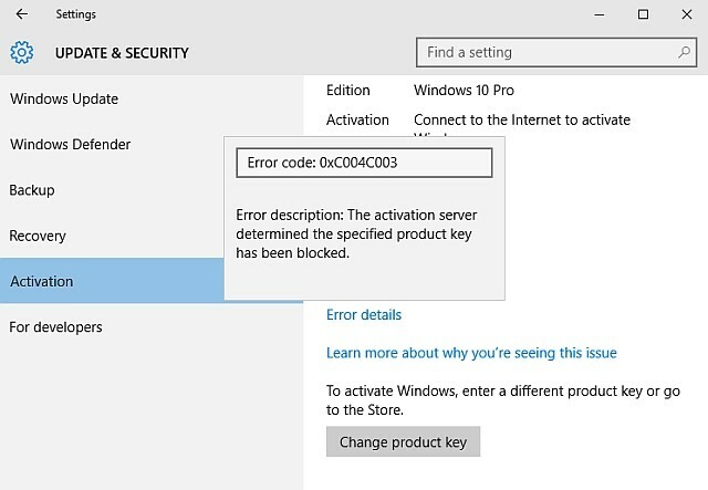 Codice di errore di attivazione di Windows 10