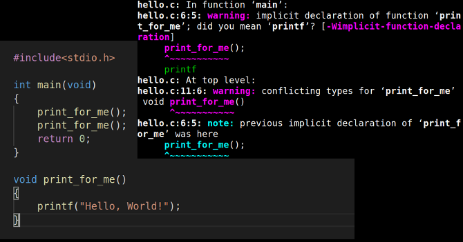 Immagine composita che mostra il codice senza prototipo e l'avviso che dà il compilatore c
