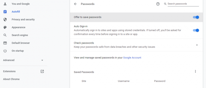 Impostazioni password di Chrome