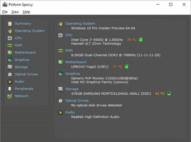 Questa è una schermata di uno dei migliori programmi Windows. Si chiama Piriform Speccy