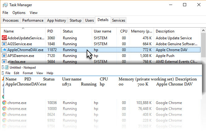 Come copiare i dettagli di Task Manager nel processo Runnin di Blocco note