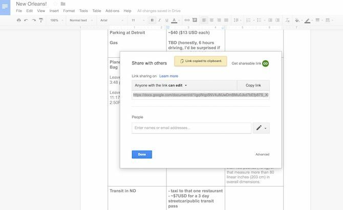 pianificazione del viaggio di Google Documenti