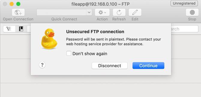 Avviso FTP non protetto in CyberDuck