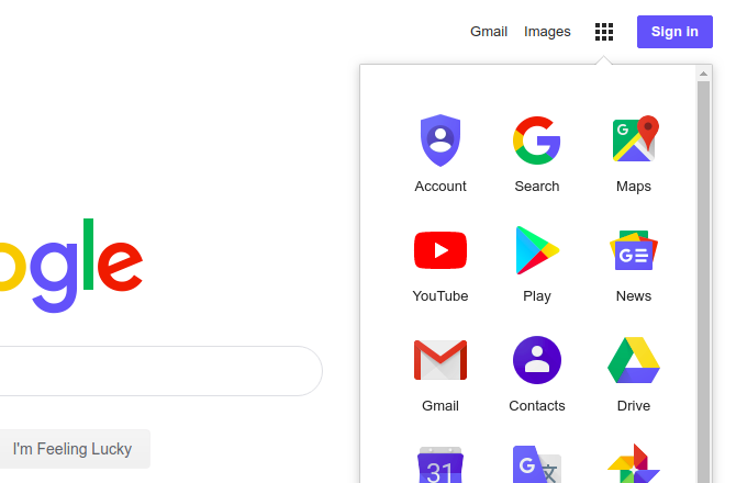 visualizzazione in griglia delle app di Google sulla home page di Google