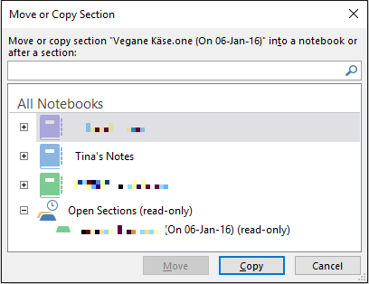 Sezione Notebook OneNote Move