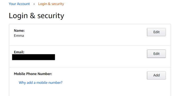 Impostazioni di sicurezza Amazon Cancella numero di telefono
