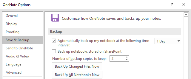 Opzioni di backup di OneNote