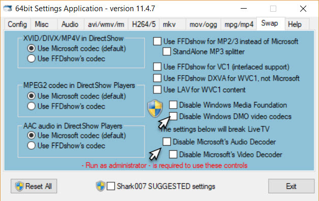 Applicazione impostazioni codec avanzate