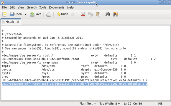 Configurazione di un server Amahi Home - Aggiunta di un'unità al server [Linux] 9 copia in fstab