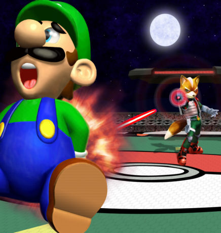 Luigi viene attaccato da Fox in Smash Bros.