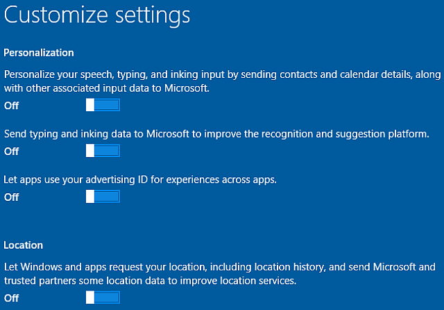 Windows 10 personalizza la personalizzazione dell'installazione e le impostazioni di posizione