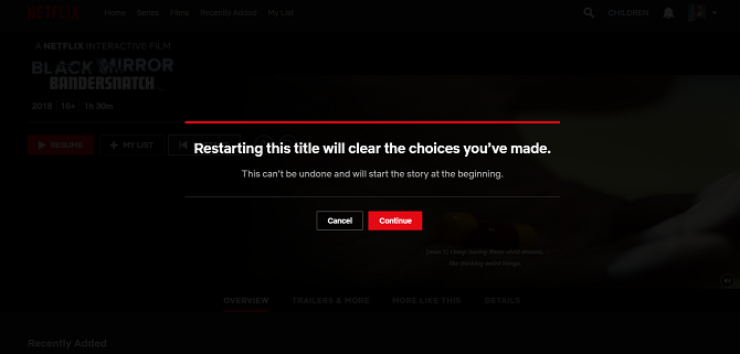 Netflix Black Mirror: finestra di dialogo di riavvio di Bandersnatch