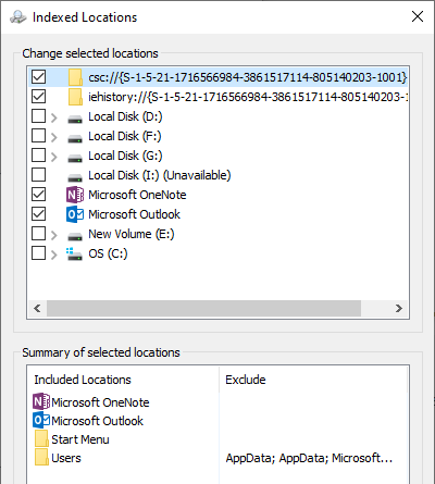 directory delle posizioni di ricerca dell'indice di windows