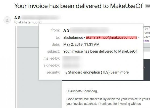 Email ricevuta con l'alias Gmail creata usando un separatore
