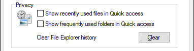 Opzioni della cartella della privacy di Esplora file di Windows 10