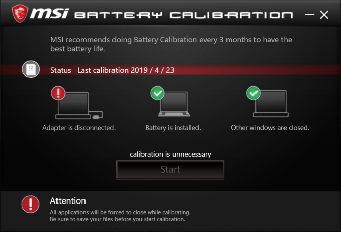 strumento di calibrazione della batteria msi