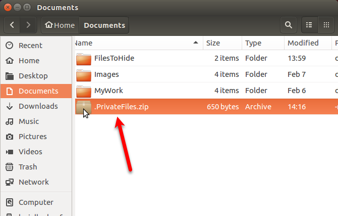 File ZIP nascosto mostrato in Nautilus in Ubuntu