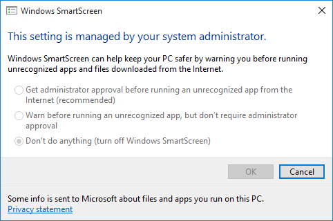 Impostazioni SmartScreen di Windows 10