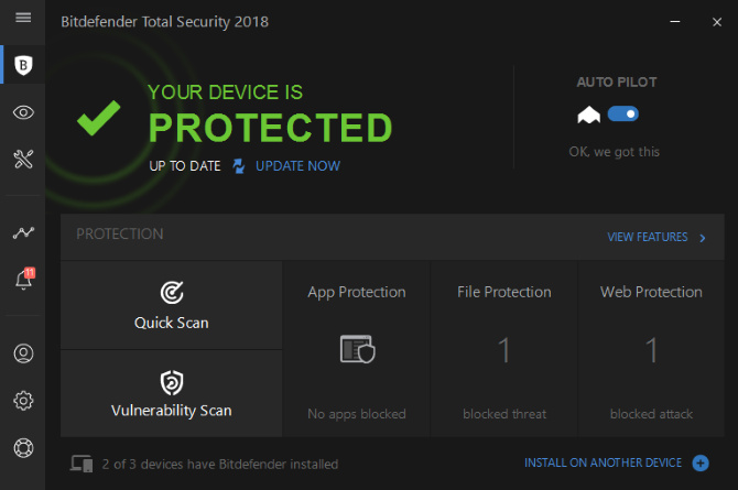 Schermata principale di Bitdefender 2018