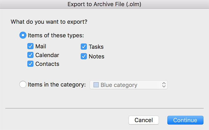 seleziona gli elementi da esportare in Outlook