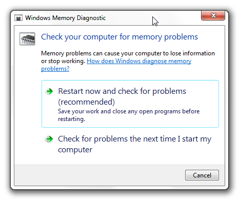 Opzioni di diagnostica della memoria di Windows