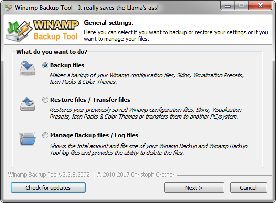 Come eseguire facili backup della configurazione di Winamp Strumento di backup di Winamp