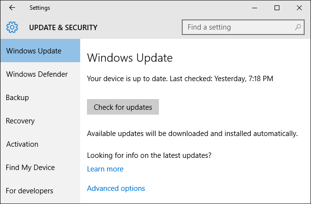 Impostazioni di Windows 10 Windows Update