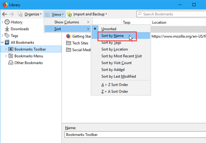 Ordina i segnalibri per nome nella finestra di dialogo Libreria in Firefox