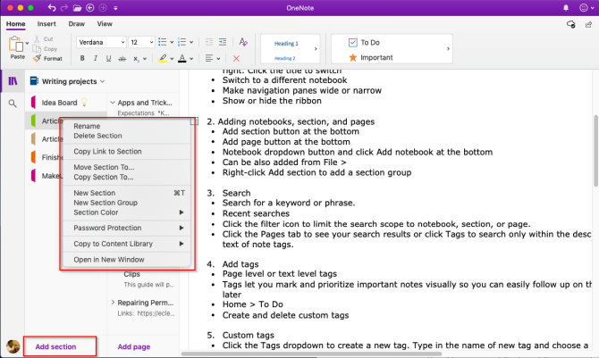 aggiungi una sezione a OneNote Mac