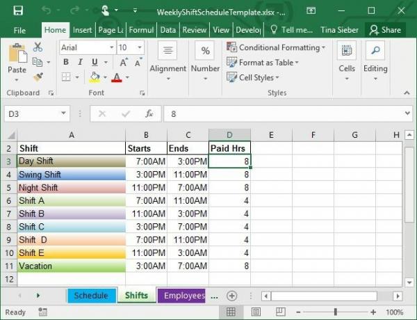 Modello settimanale di turni Excel