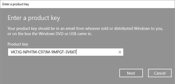 Immettere il codice Product Key di Windows 10