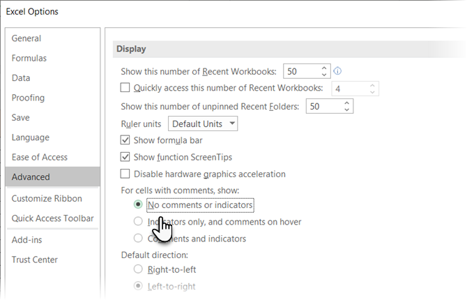 Nascondi commenti e indicatori in Excel