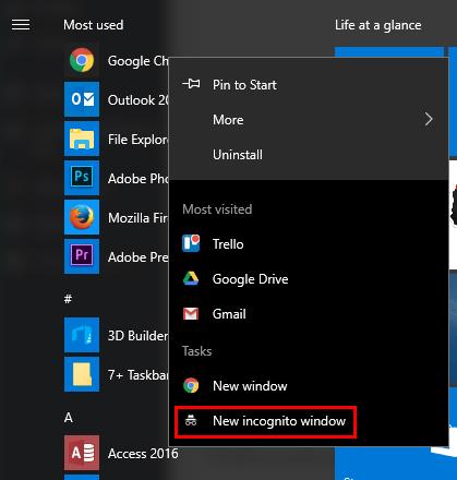 Come avviare il browser in modalità privata in incognito predefinito di Windows