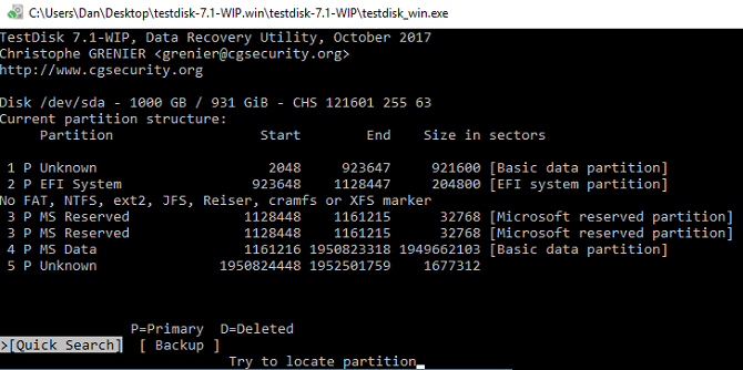 Schermata TestDisk di Windows