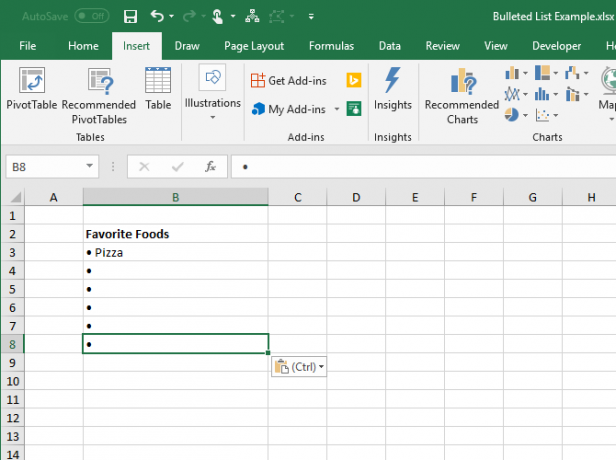 Copia e incolla un proiettile su altre celle in Excel