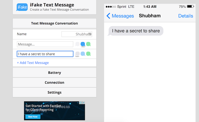 crea una finta schermata di chat con ifaketextmessage